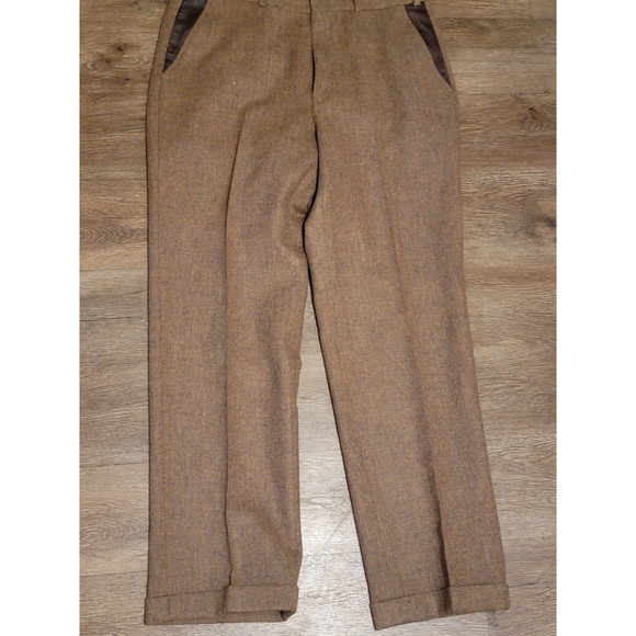 Vintage Orvis Pants Mens 32 Brown Herringbone 100% Wool Tweed Leather Trim Lined - Picture 1 of 16